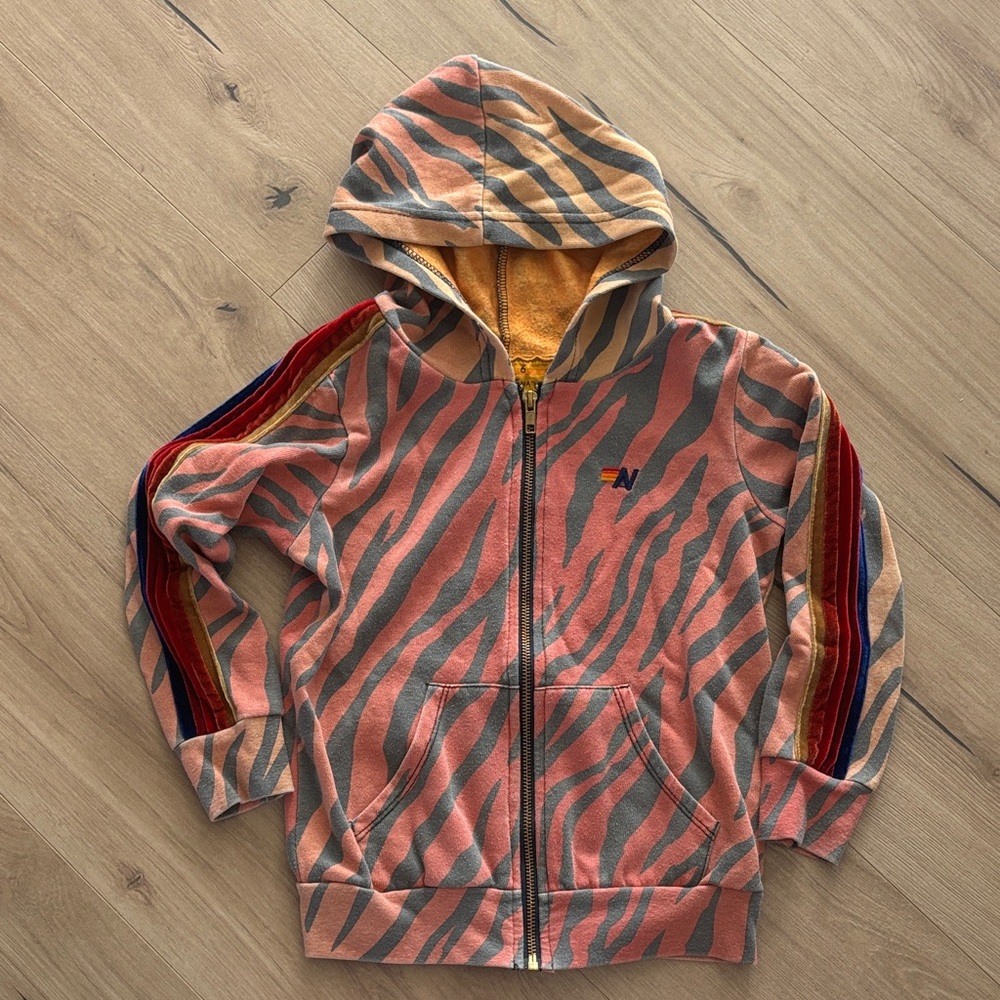 Aviator Nation Kids Zebra Stripe Hoodie - Orange and Gray
